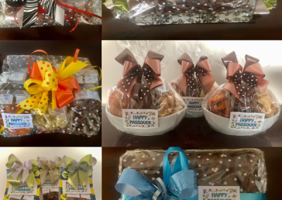 A collage of pre-packed and wrapped sweet kosher treats for passover