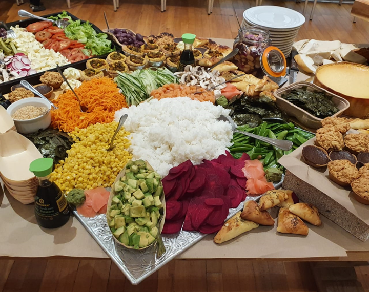  Kosher Jewish harvest table with salad and vegetables 